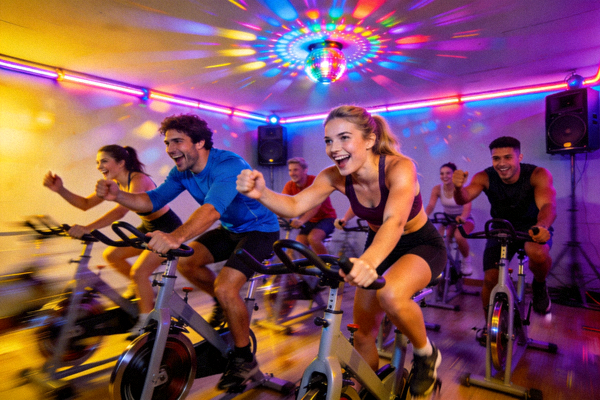 动感单车团体课程，学员在灯光音乐中激情骑行