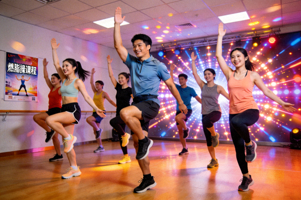 燃脂操课程训练场景，学员跟随音乐快乐运动