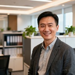 某金融企业办公室主任王主任的亲和职业照，穿着休闲商务装，在开放式办公区拍摄。